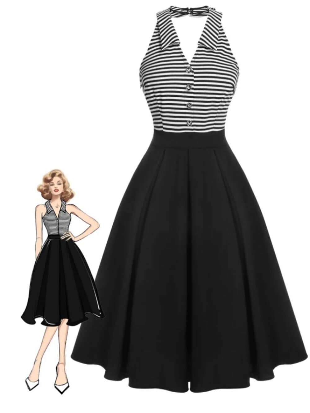 Size 14 - NWT - Retro Stage Black 1950's Stripe Lapel Halter Patchwork Dress